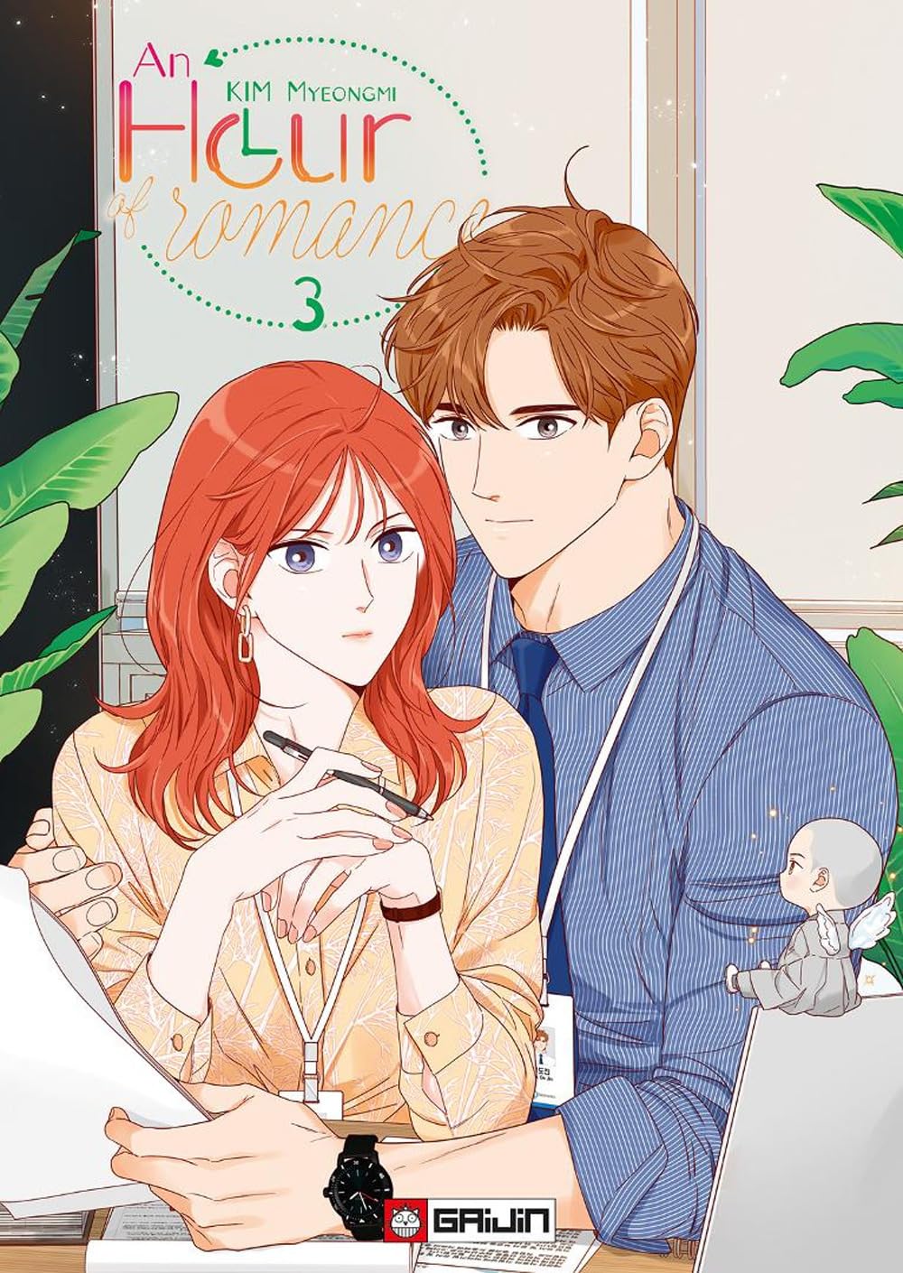 La copertina del volume 3 del manhwa An Hour of Romance, che ritrae i protagonisti Joo-an (con i capelli rossi) e Do-jin in abiti eleganti da ufficio, vicini e complici, con un piccolo cupido sullo sfondo.