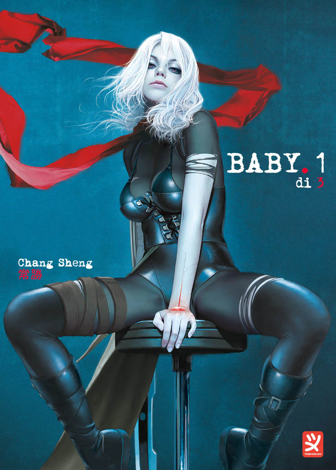 Copertina di Baby volume 1. Una ragazza con capelli bianchi e tuta nera attillata siede su uno sgabello con una sciarpa rossa su sfondo blu.