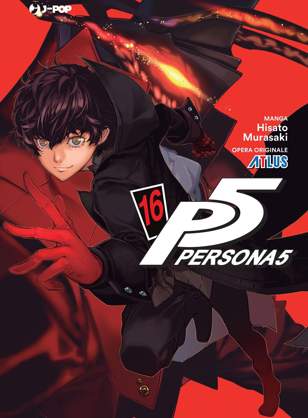 Copertina del sedicesimo volume in italiano del manga 'Persona 5', edito da J-Pop. L'illustrazione a forte contrasto su sfondo rosso brillante mostra il protagonista Joker con il suo cappotto nero, guanti rossi e uno sguardo fiero, mentre dietro di lui si stagliano le ali e i bagliori infuocati del suo Persona iniziale, Arsene.