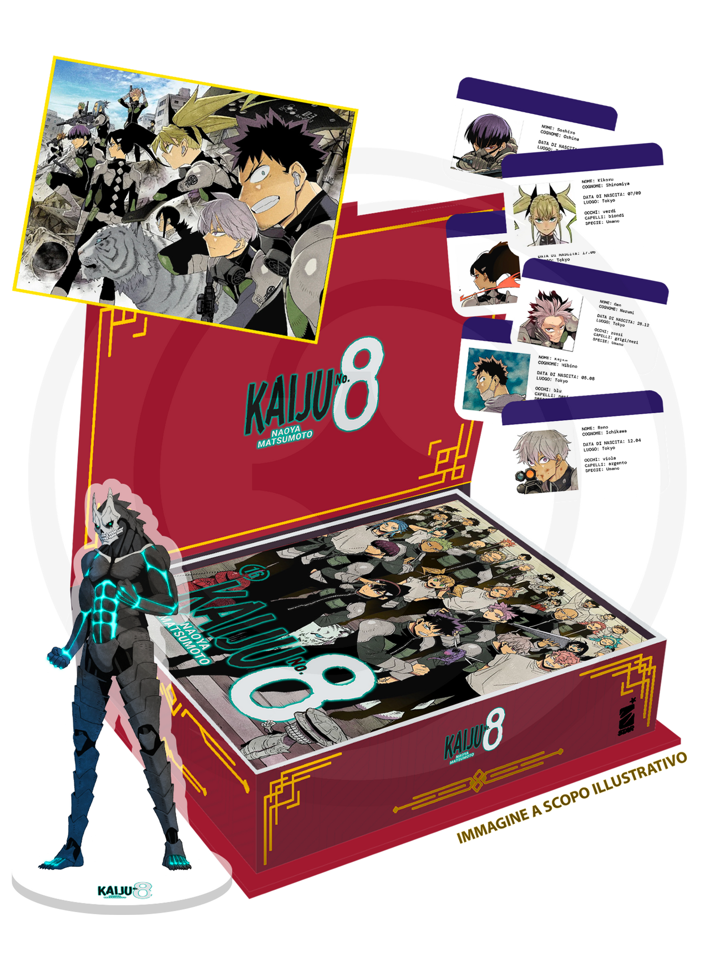 Immagine promozionale della Kaiju No. 8 Celebration Edition; mostra un cofanetto blu aperto con dentro una cartella "Top Secret", circondato da coriandoli e dai gadget inclusi come la Variant Cover, il mini-shikishi, lo standee e le identity card.