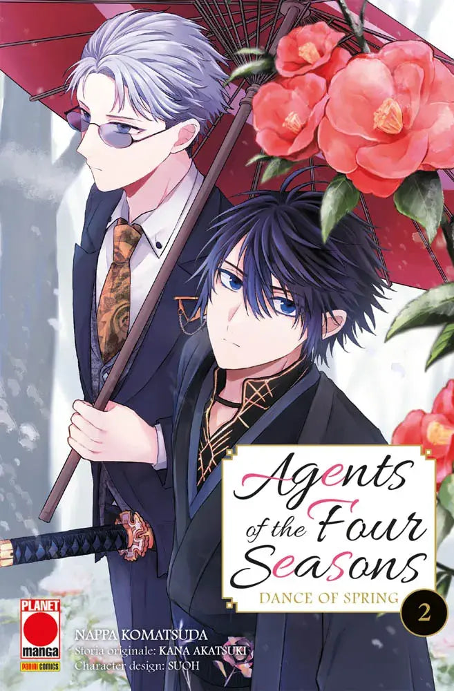 Copertina del manga Agents of the Four Seasons volume 2. Due giovani uomini dai tratti eleganti posano accanto a grandi fiori di camelia rossi sotto un ombrello tradizionale.