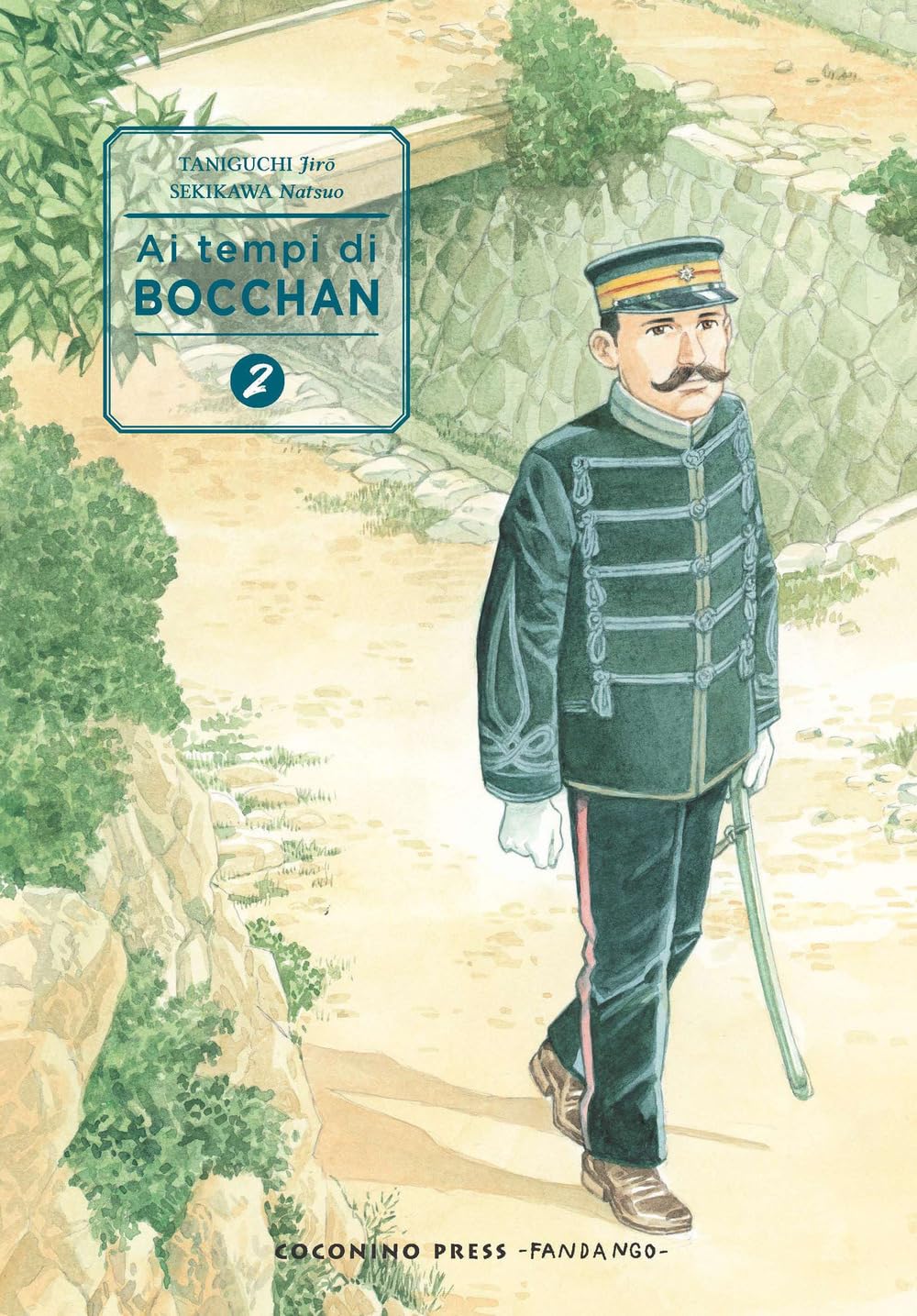 Copertina del manga Ai Tempi di Bocchan Vol. 2, edito da Coconino Press. Illustrazione ad acquerello di un uomo con baffi in divisa militare verde scuro che cammina su un sentiero sterrato tra muretti a secco e vegetazione.