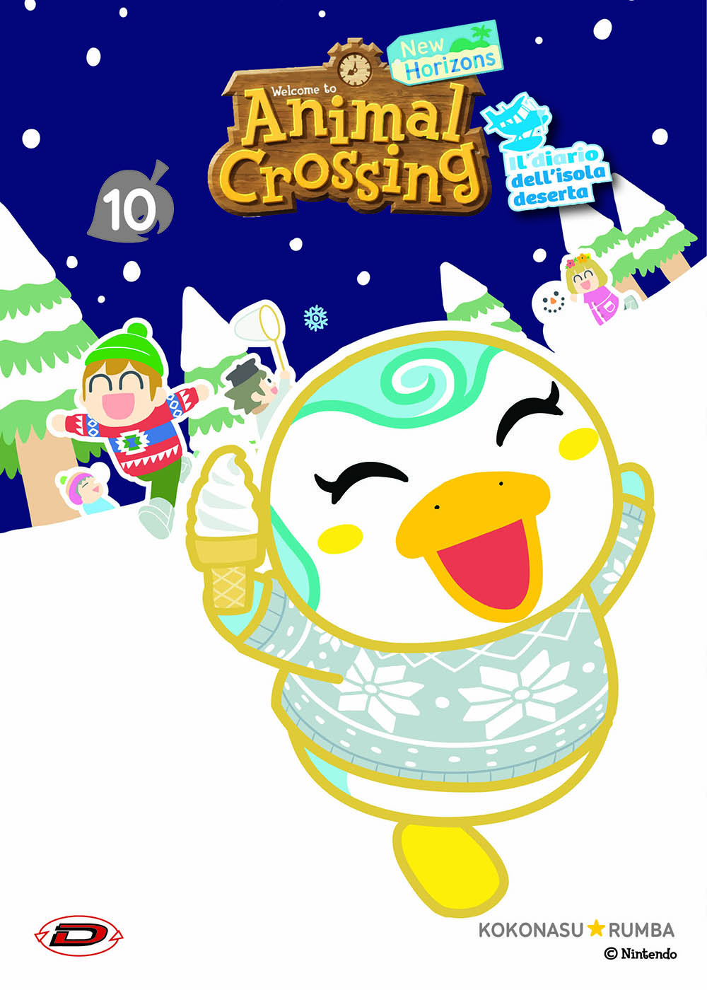Copertina del manga Animal Crossing: New Horizons - Il diario dell'isola deserta volume 10. Su uno sfondo notturno blu con neve e pini, spicca in primo piano un simpatico pinguino bianco e azzurro con un maglione invernale, colto mentre sorride e tiene in mano un cono gelato. In alto campeggia il logo ufficiale del gioco e il numero 10 racchiuso in una foglia grigia.