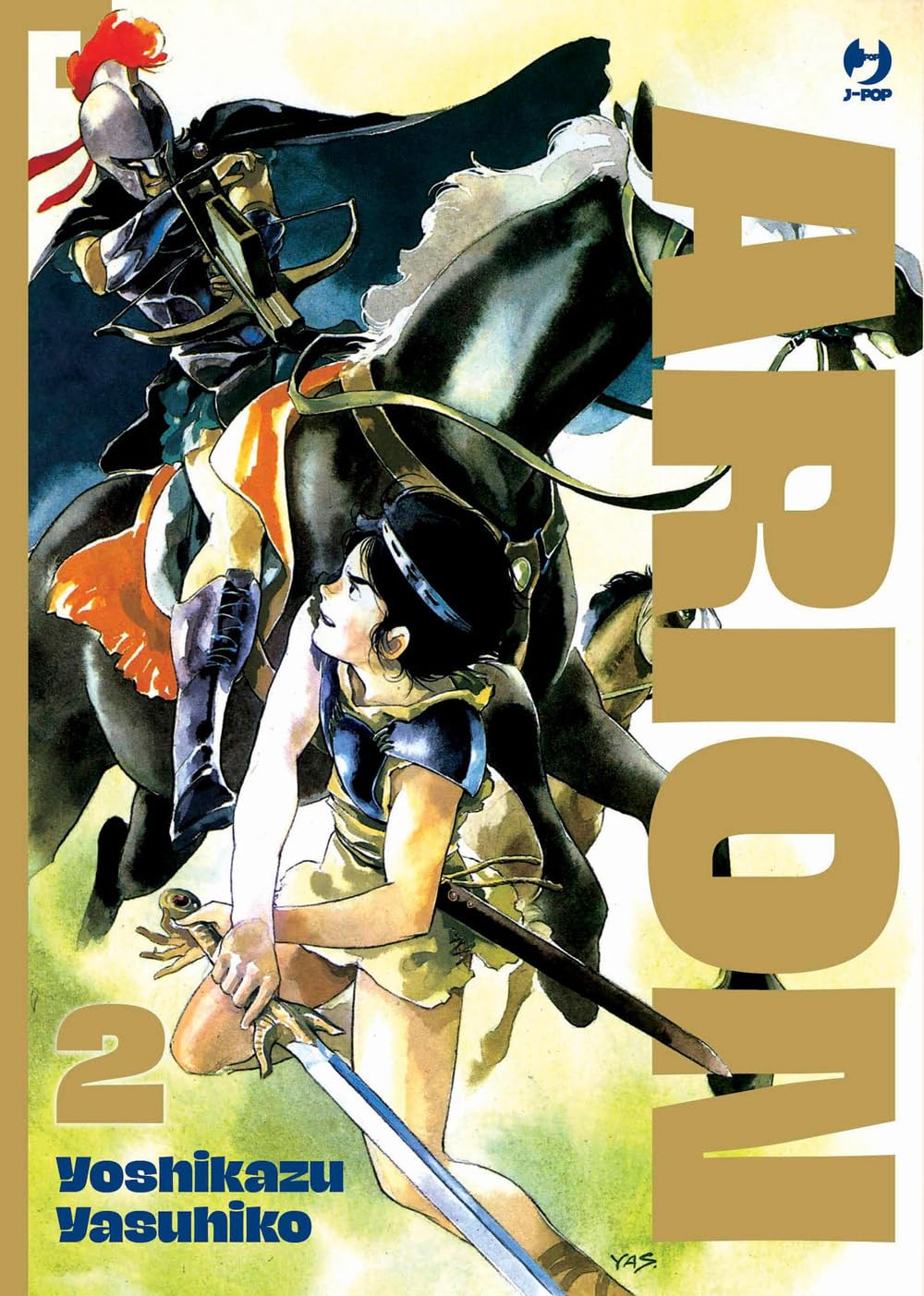 Il protagonista Arion, armato di spada, è inginocchiato davanti a un imponente cavallo nero cavalcato da un guerriero in armatura greca e elmo con cimiero rosso, sulla copertina di Arion Vol. 2.