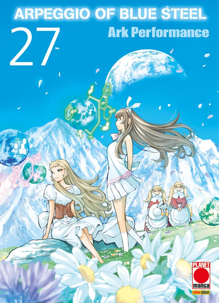 Copertina del volume 27 di Arpeggio of Blue Steel, che mostra due ragazze in abito bianco su un prato fiorito di montagna, circondate da sfere planetarie sotto un cielo azzurro.