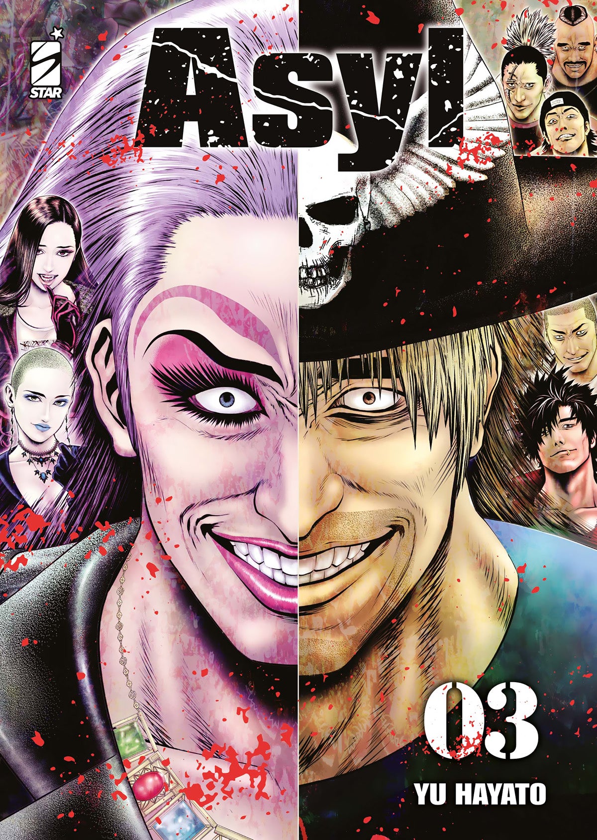 Copertina Asyl 3. Volto diviso a metà dal sorriso folle e schizzi di sangue: a sinistra donna truccata, a destra uomo biondo.