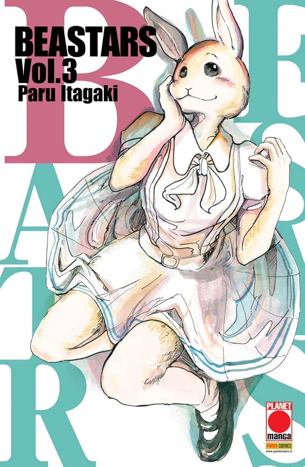Copertina del manga Beastars volume 3. La coniglietta nana Haru, in divisa scolastica estiva chiara, siede con espressione serena e la mano sul viso. Sfondo con lettere del titolo.