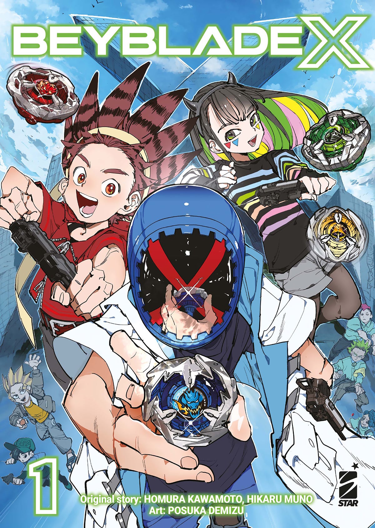 Copertina del primo volume del manga "Beyblade X" (Star Comics). Tre ragazzi dinamici lanciano i loro Beyblade su uno sfondo urbano azzurro; al centro spicca un personaggio con un casco blu.