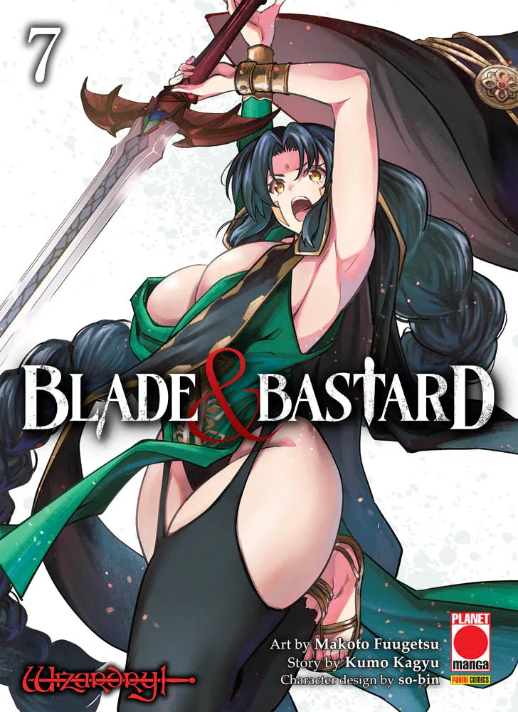 Copertina del settimo volume del manga Blade & Bastard. Sotto lo sfondo bianco sporco spicca in primo piano una guerriera dai lunghissimi capelli scuri raccolti, ritratta mentre brandisce con entrambe le mani una grande spada sopra la testa, pronta a colpire. Indossa un audace abito succinto dalle tonalità verde scuro e nero. In mezzo all'immagine campeggia il titolo della serie con la "e" commerciale in rosso, mentre in basso a destra si trova il logo rosso di Planet Manga.