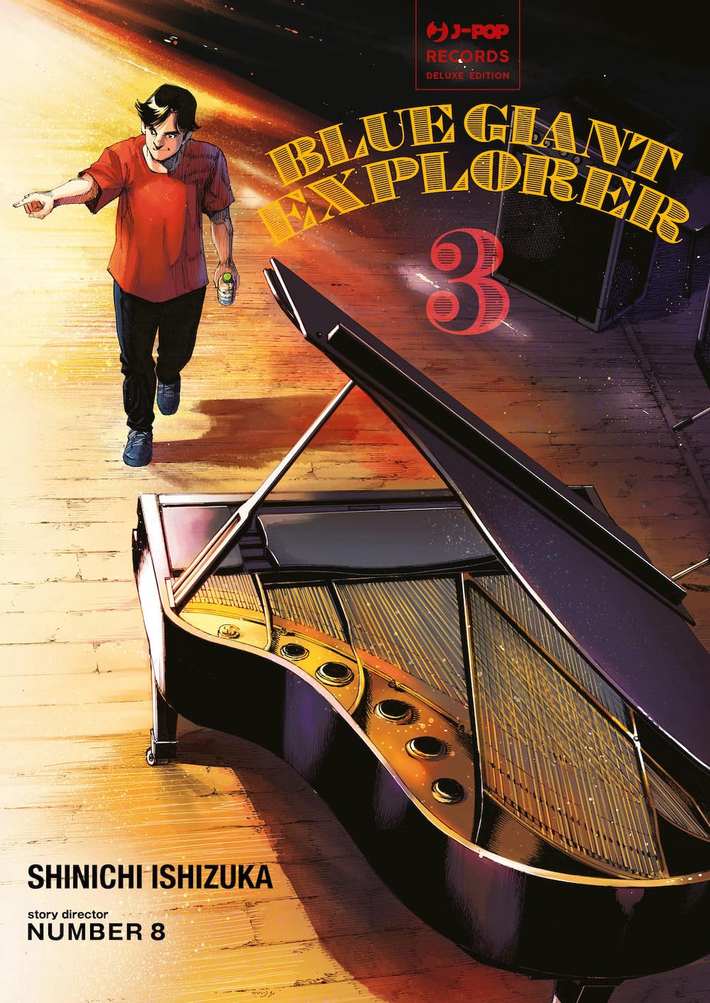La copertina del volume 3 di Blue Giant Explorer, che ritrae il protagonista Dai Miyamoto con il suo sassofono, pronto ad affrontare la sua nuova avventura musicale negli Stati Uniti.
