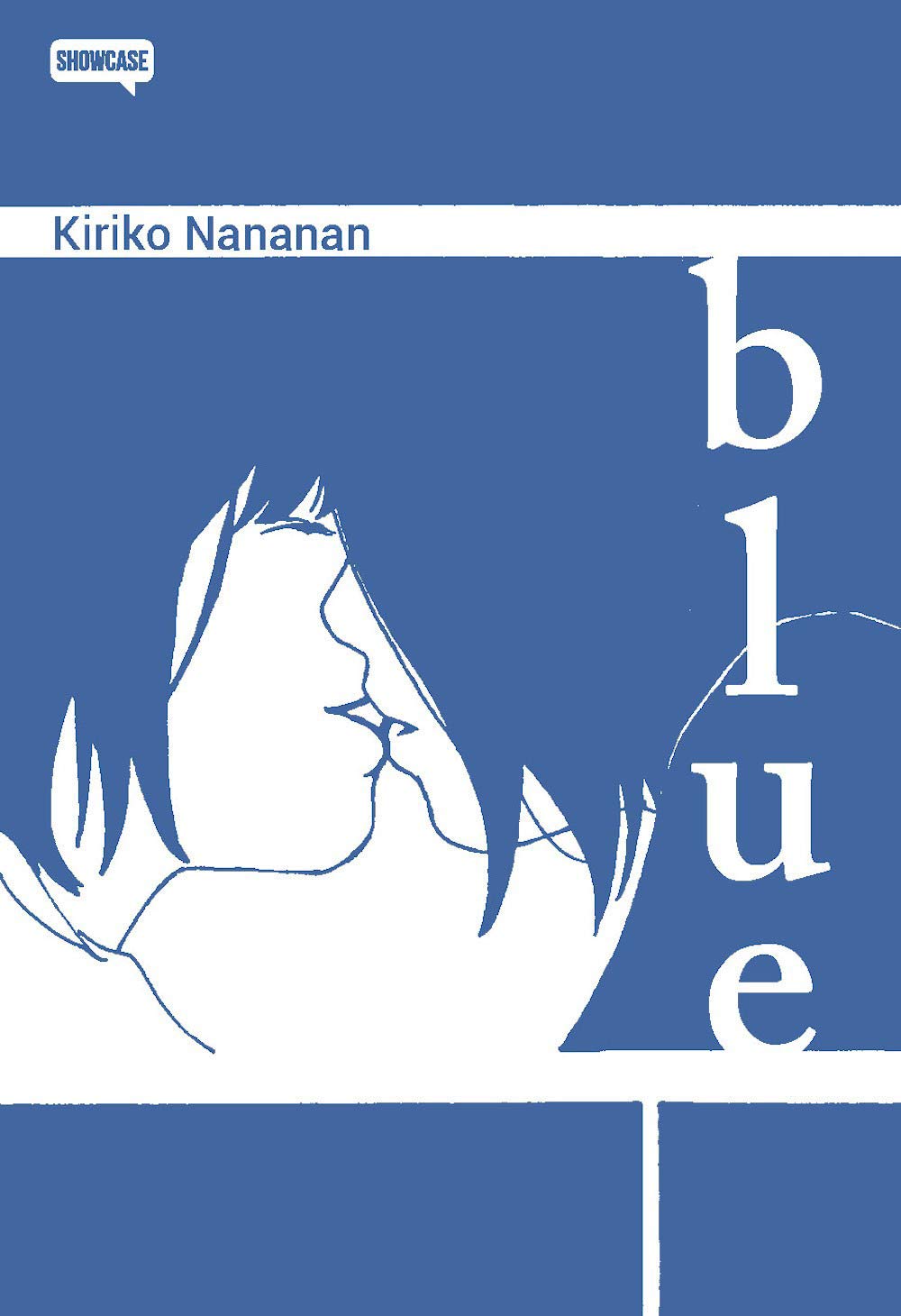 Copertina del manga Blue di Kiriko Nananan edito da Dynit nella collana Showcase; l'illustrazione minimalista su sfondo blu mostra i profili di due ragazze molto vicine tra loro, quasi a sfiorarsi.
