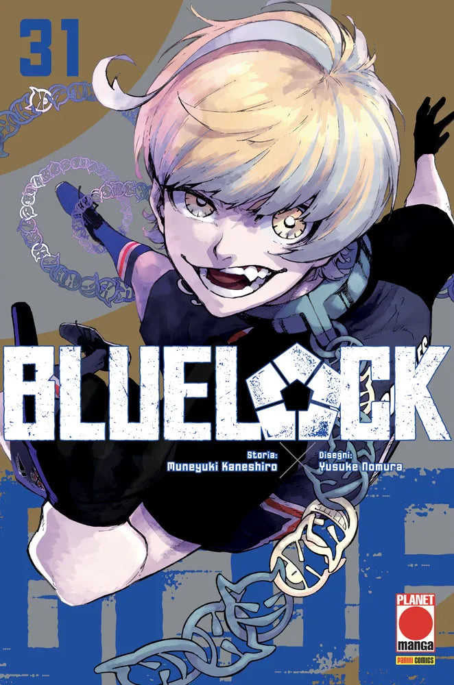 Copertina del manga Blue Lock Vol. 31 (Planet Manga). Un personaggio con capelli chiari e un'espressione folle e determinata è circondato da catene stilizzate blu e viola.
