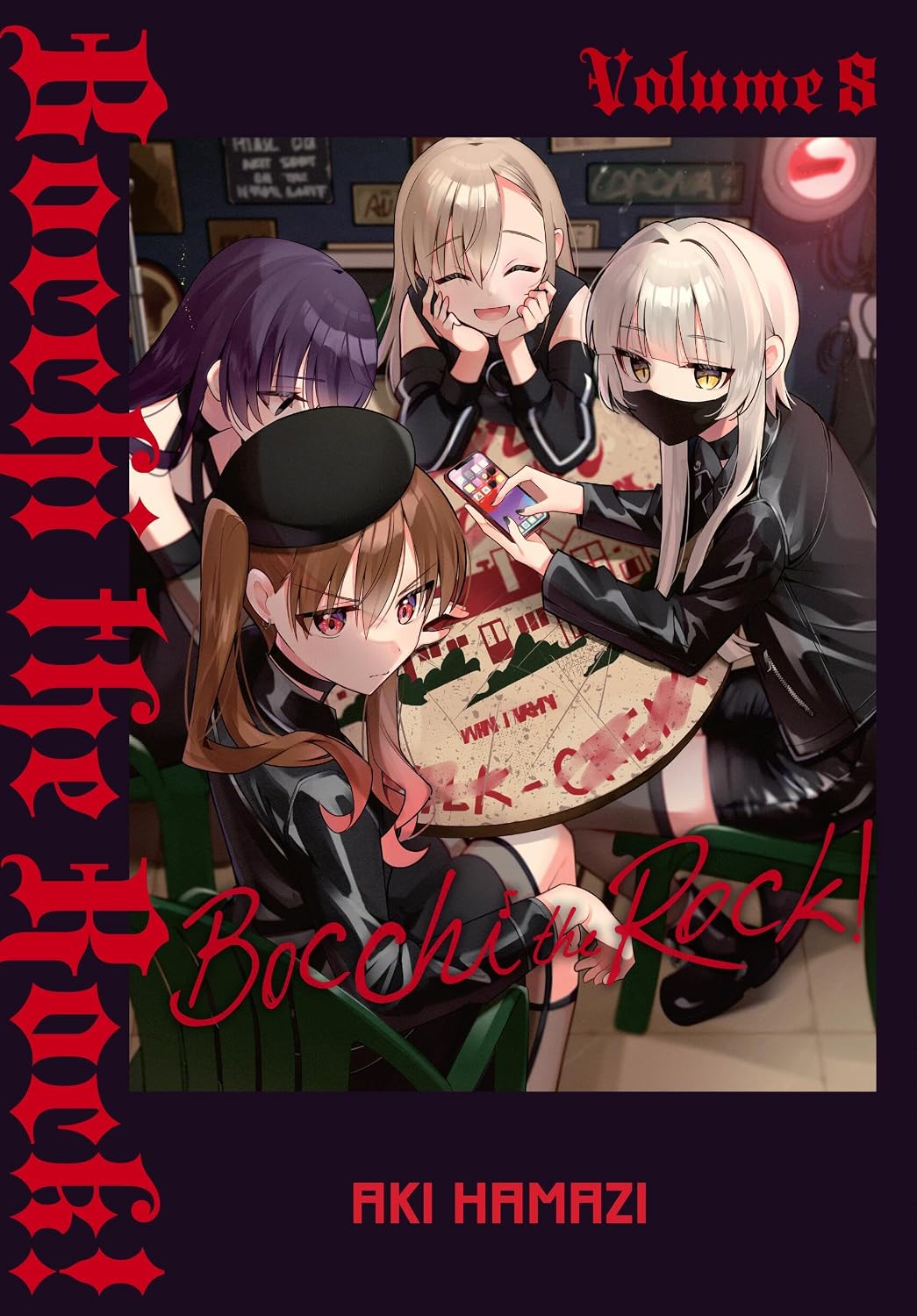 Copertina del manga Bocchi The Rock! Vol. 8 di Aki Hamazi con i membri della band riuniti attorno a un tavolino.