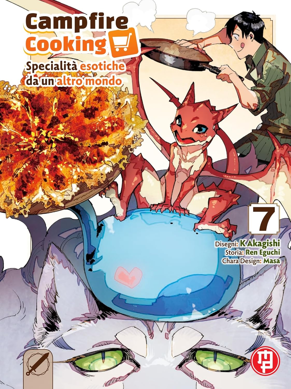Copertina del settimo volume del manga Campfire Cooking, che mostra Mukouda mentre spadella sullo sfondo, mentre in primo piano spiccano un piccolo drago rosso seduto sullo slime azzurro Sui, un piatto di gyoza croccanti e la testa del grande lupo Fel in basso.
