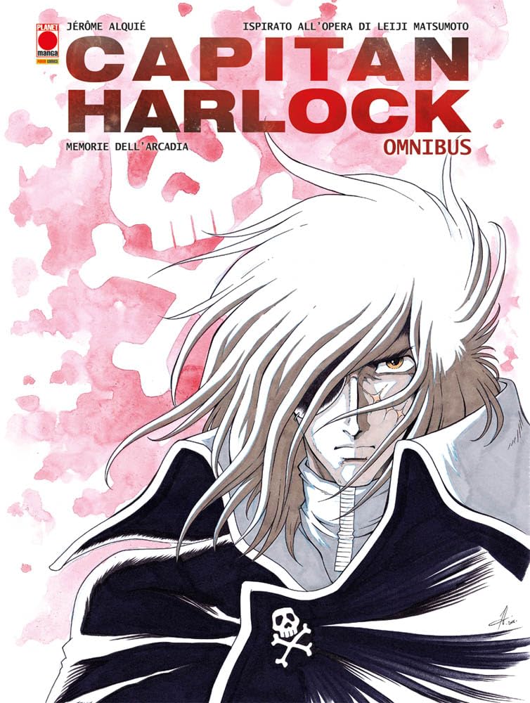 Copertina del fumetto Capitan Harlock – Memorie dell'Arcadia Omnibus; primo piano artistico del capitano Harlock con capelli al vento, benda sull'occhio e cicatrice. Sullo sfondo bianco appare la sagoma sfumata di un teschio rosso.