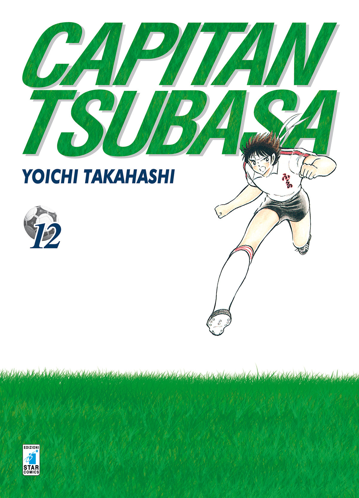 Copertina del dodicesimo volume del manga 'Capitan Tsubasa New Edition' di Yoichi Takahashi, edito da Star Comics. L'illustrazione essenziale su sfondo bianco e prato verde in basso ritrae in corsa Hikaru Matsuyama della Furano con la divisa bianca e pantaloncini neri, sormontato dal grande titolo verde 'CAPITAN TSUBASA', dal nome dell'autore e dal numero 12 affiancato da un pallone da calcio.