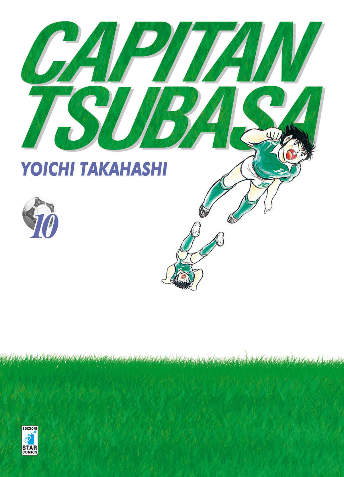 Copertina del decimo volume del manga Capitan Tsubasa, edito da Star Comics, con sfondo bianco, un prato d'erba verde in basso e l'illustrazione ravvicinata dei gemelli Tachibana (i fratelli Derrick) in aria con la loro divisa verde e bianca mentre eseguono una spettacolare evoluzione acrobatica.