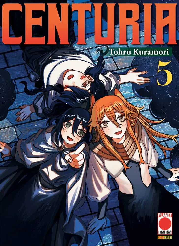 Copertina del manga Centuria Vol. 5, edito da Panini Planet Manga. L'illustrazione mostra tre giovani personaggi visti dall'alto, dolcemente sdraiati schiena a terra su una superficie pavimentata bluastra, circondati da alcune masse scure fluttuanti. In alto si trova un personaggio dai capelli scuri sdraiato a testa in giù rispetto all'inquadratura, con un'espressione distesa. In basso a sinistra, un personaggio dai corti capelli scuri avvolto in un mantello chiaro sorride felice indicando verso l'alto.