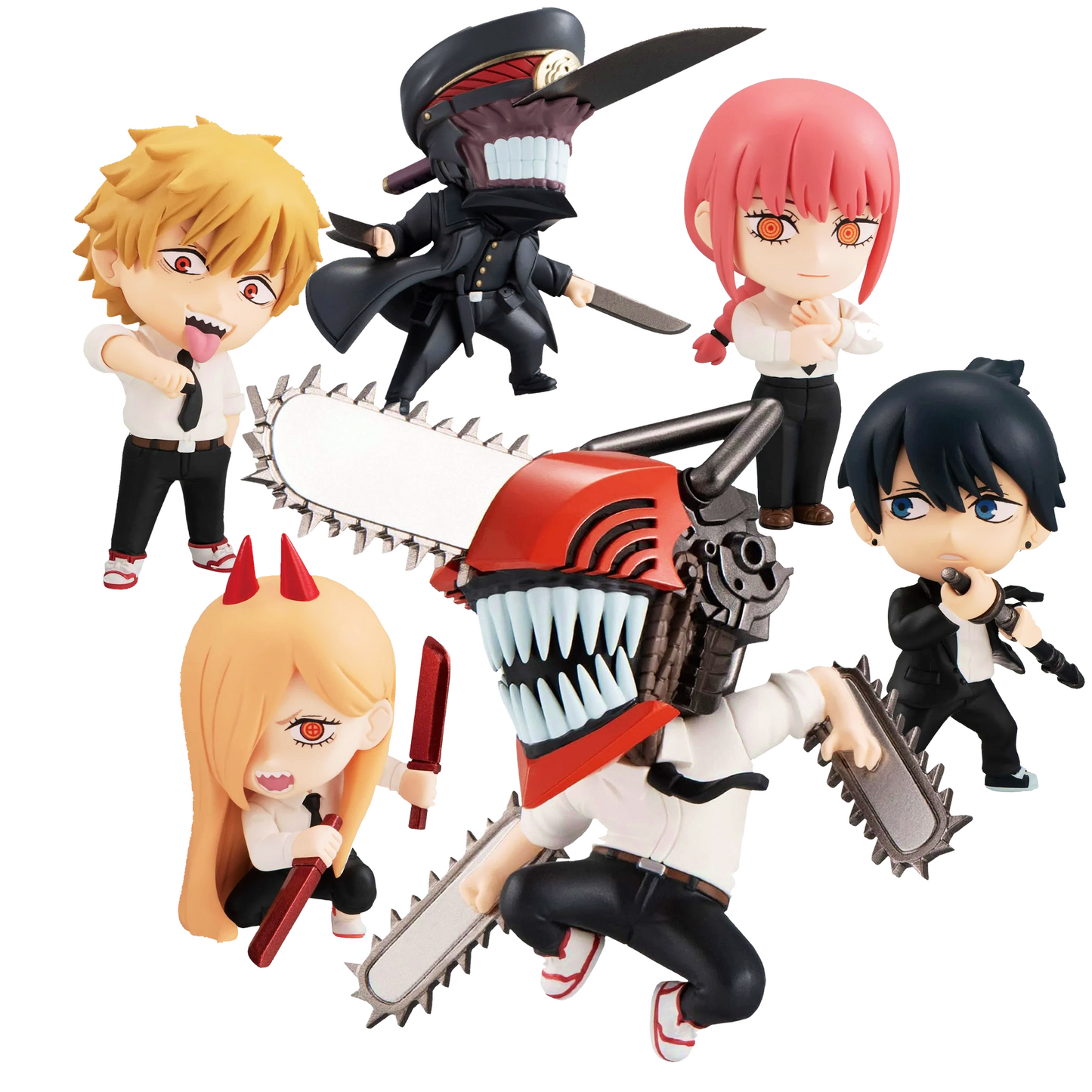 Set di sei mini figure collezionabili della serie Chainsaw Man Adverge Motion di Bandai. L'immagine mostra Chainsaw Man in basso al centro in posa d'attacco con motoseghe estroflesse, circondato da Denji che fa la linguaccia, Power accucciata con armi di sangue, Aki Hayakawa con la spada, Makima a mani giunte e Katana Man in assetto da combattimento.