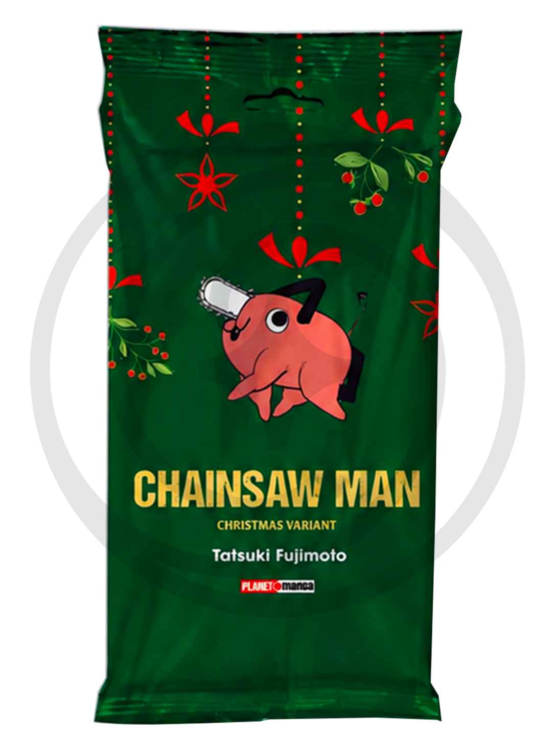 Anteprima da catalogo del manga 'Chainsaw Man Vol. 1 Christmas Variant' di Tatsuki Fujimoto, edito da Panini Planet Manga. L'illustrazione mostra la speciale confezione a busta verde decorata con eleganti motivi natalizi rossi, al cui centro spicca il simpatico diavolo-motosega Pochita, sopra il titolo dorato 'CHAINSAW MAN CHRISTMAS VARIANT' e l'etichetta rossa Panini Direct.