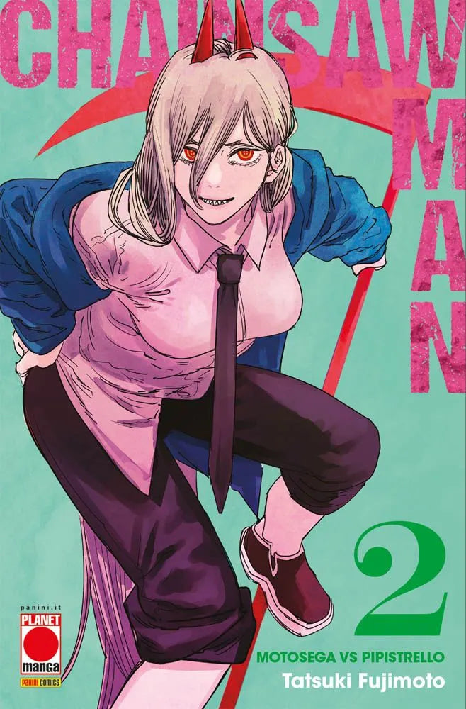 Copertina del manga Chainsaw Man Vol. 2. In primo piano, l'eccentrica Power posa con un'espressione fiera su un vivace sfondo giallo. Ha lunghi capelli chiari, due inconfondibili corna rosse sulla testa e indossa la divisa da devil hunter con la giacca aperta. Impugna una grande e minacciosa falce rossa formata da sangue, mentre il suo gattino bianco e arancione fa capolino appoggiato su di lei. In alto spicca il logo del titolo in rosso e nero.