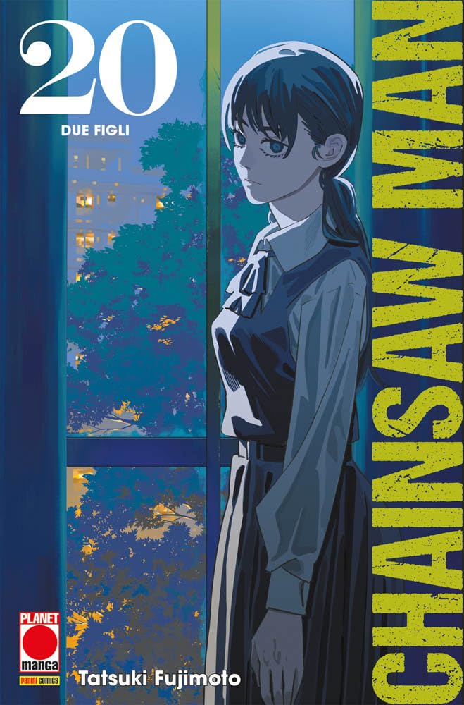 Copertina del manga Chainsaw Man Vol. 20. Su uno sfondo bianco, spicca in primo piano il Diavolo-Invecchiamento (Aging Devil), una creatura alta e snella dal corpo scuro simile a un manichino, con una testa a forma di specchio rotondo e mani che ricordano pennelli o strumenti da pittura. Indossa un grembiule bianco sporco di macchie colorate. In alto a destra, il logo del titolo è realizzato in nero con bordi bianchi.