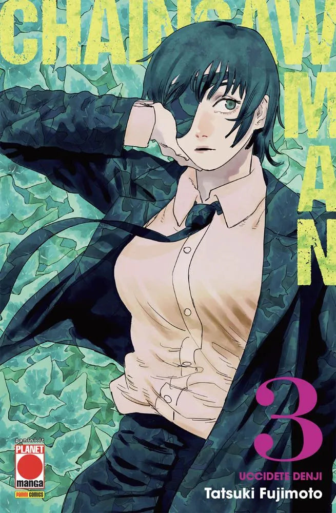 Copertina del manga Chainsaw Man Vol. 3. Su un vivace sfondo rosa shocking, spicca in primo piano la devil hunter Himeno. Ha i capelli neri a caschetto, una benda sull'occhio destro e indossa la tipica divisa composta da camicia bianca e cravatta nera, mentre si porta due dita alle labbra socchiuse. Attorno e alle sue spalle si intrecciano delle gigantesche e inquietanti mani verdognole, appartenenti al Diavolo-Fantasma. In alto a sinistra il logo del manga in colori sgargianti.