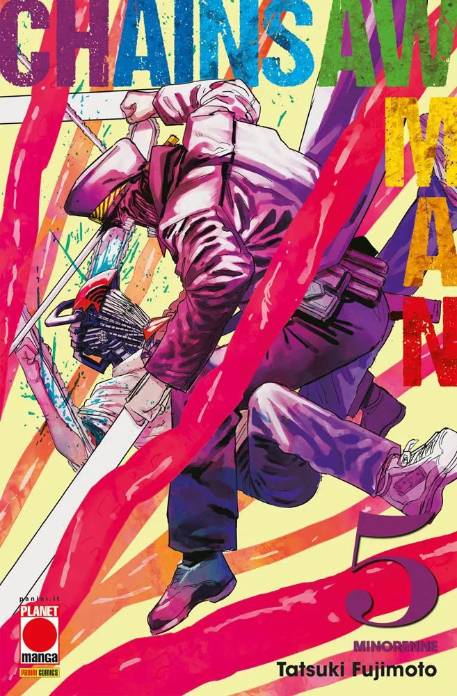 Copertina del manga Chainsaw Man Vol. 5. In primo piano, su un vivace sfondo rosso violaceo, campeggia l'enigmatica Makima. La donna, con i suoi caratteristici capelli rossi intrecciati e gli inquietanti occhi dalle iridi concentriche, rivolge uno sguardo indecifrabile allo spettatore. Indossa la classica camicia bianca con cravatta scura e intreccia le dita portandosi le mani vicino al volto. In alto spicca il logo del titolo in giallo e azzurro.