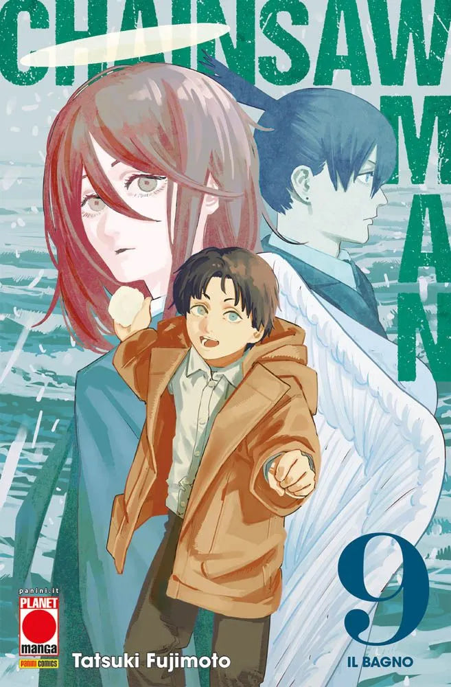 Copertina del manga Chainsaw Man Vol. 9. Su un vibrante e freddo sfondo azzurro chiaro, spicca in primo piano il devil hunter Aki Hayakawa. Il ragazzo fissa lo spettatore con un'espressione infinitamente triste e rassegnata, mentre si pulisce del sangue dal viso con il dorso della mano. Indossa la classica camicia bianca da lavoro, anch'essa macchiata di rosso. In alto campeggia il logo del titolo in giallo e azzurro.