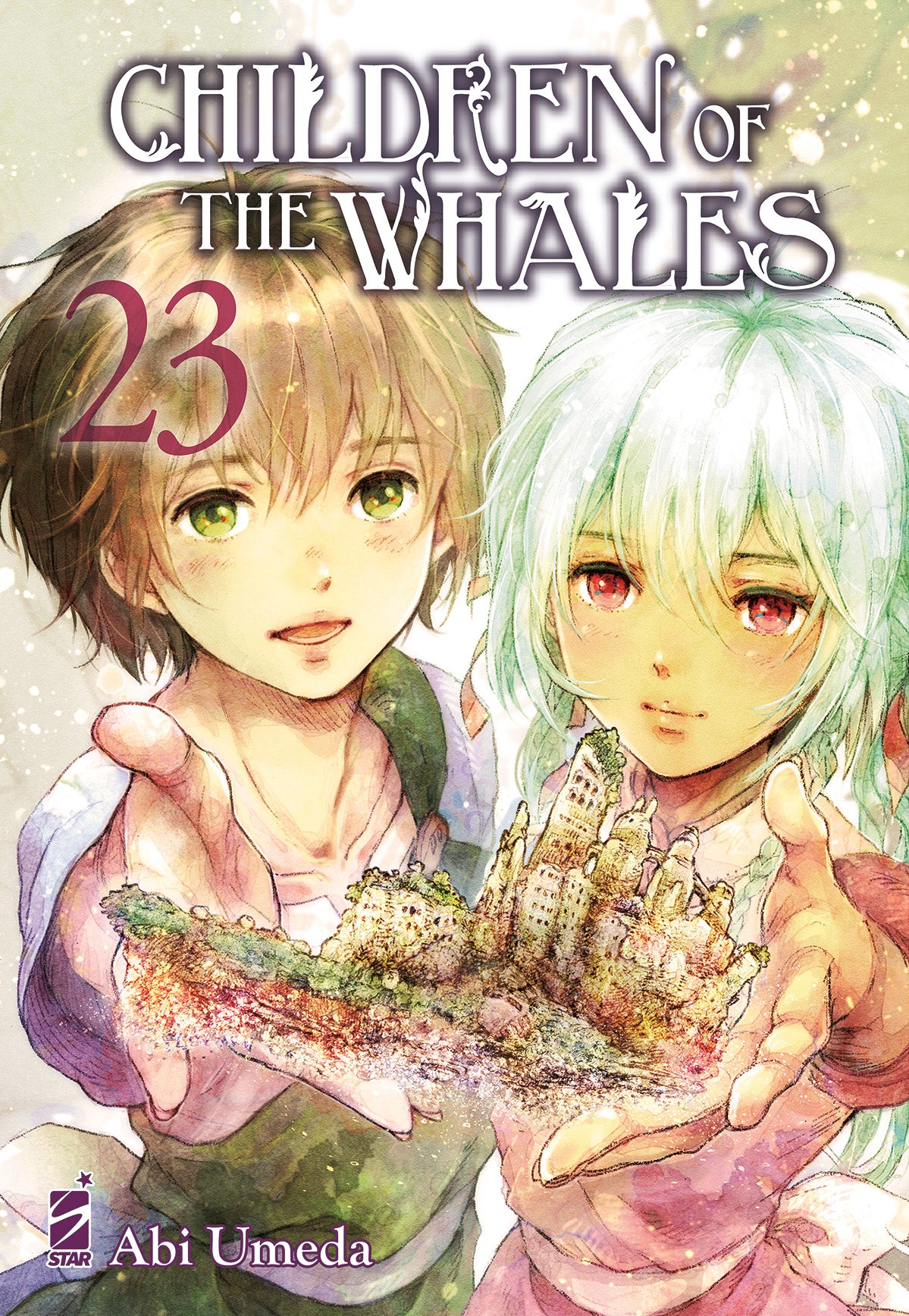 Copertina del ventitreesimo e ultimo volume del manga 'Children Of The Whales' di Abi Umeda, edito da Star Comics. L'illustrazione ritrae in primo piano due ragazzi che reggono insieme sul palmo delle mani un miniaturizzato modellino della Balena di Fango, sormontati dal titolo e dal numero 23 in rosso.