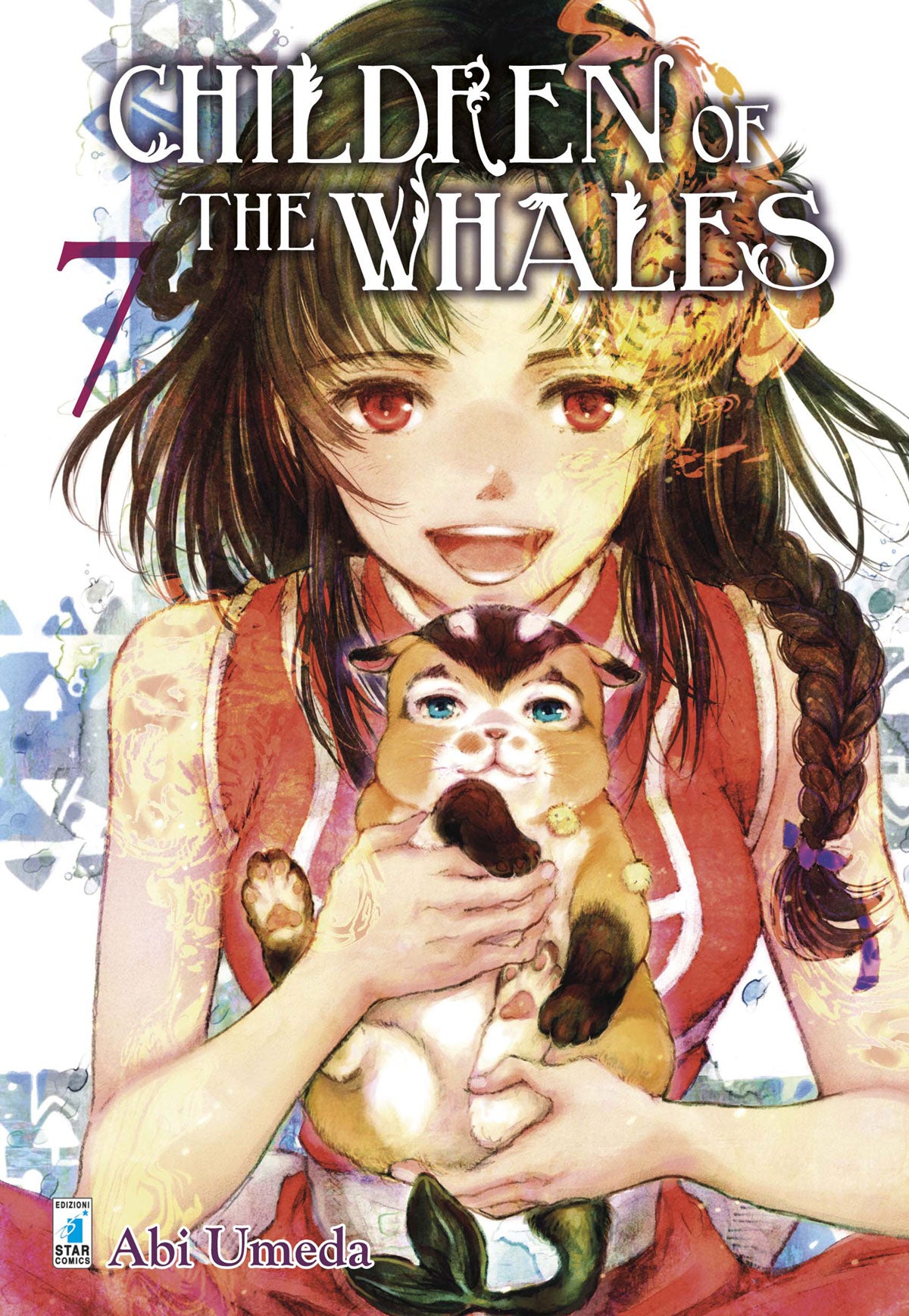 Copertina del settimo volume del manga 'Children Of The Whales' di Abi Umeda, edito da Star Comics. L'illustrazione ritrae una ragazza sorridente dai capelli castani raccolti in trecce mentre stringe al petto una piccola e tenera creatura animale, sormontate dal titolo e dal numero 7 in viola.
