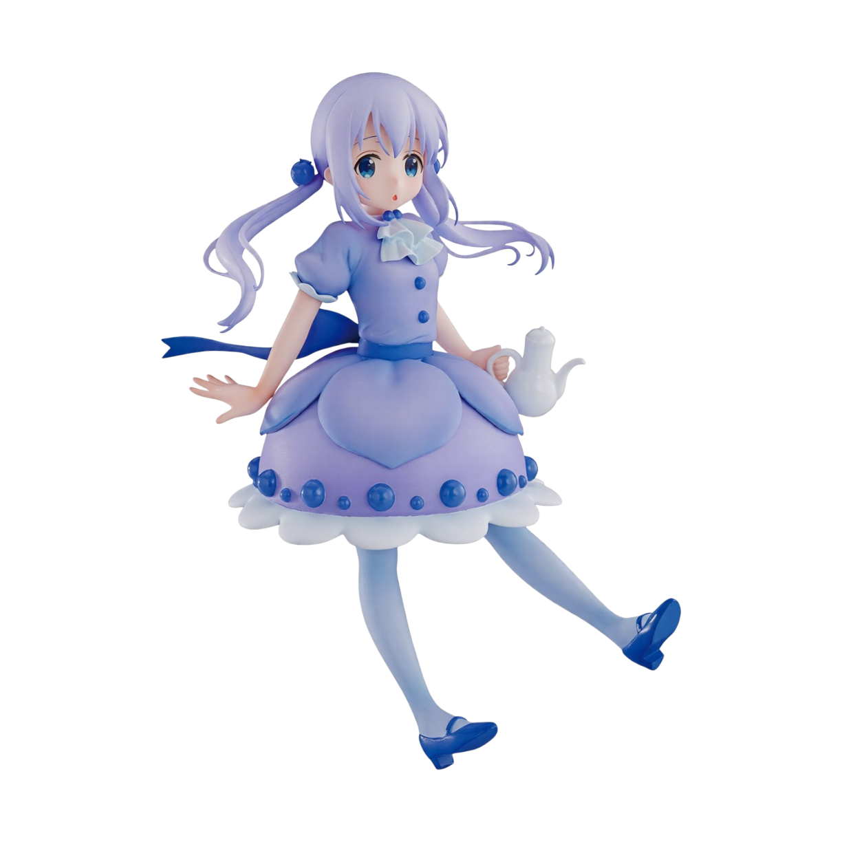 Figure da collezione in PVC di Chino Kafu dalla serie anime 'Is the Order a Rabbit?'. La statuetta ritrae la giovane protagonista in una posa dinamica sospesa a mezz'aria mentre tiene una teiera bianca con la mano sinistra, indossando un grazioso vestitino azzurro e lilla con volant bianchi, calze chiare, scarpe blu con tacco e capelli lilla acconciati in due codine con fermagli blu.