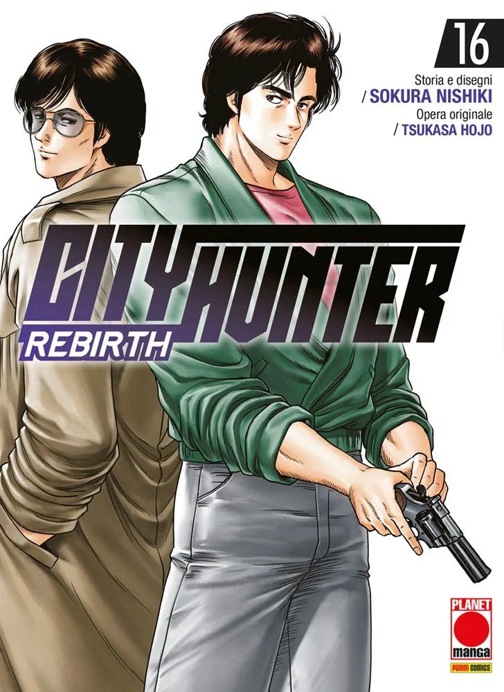 La copertina del volume 16 di City Hunter Rebirth, che ritrae i protagonisti della serie in un'atmosfera d'azione tipica dello spin-off.