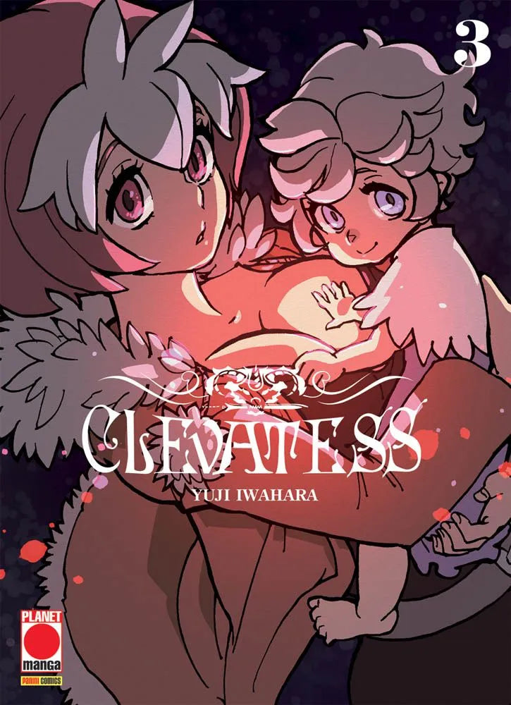 Copertina di Clevatess Vol. 3. Una giovane ragazza dai capelli chiari abbraccia teneramente un bambino dai ricci bianchi, illuminati da una calda luce rossastra su sfondo scuro.