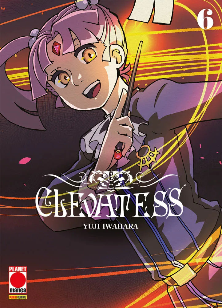 Copertina del sesto volume del manga Clevatess, che mostra in primo piano una ragazza dai capelli rosa legati mentre brandisce una bacchetta magica, circondata da cerchi di luce dorata.