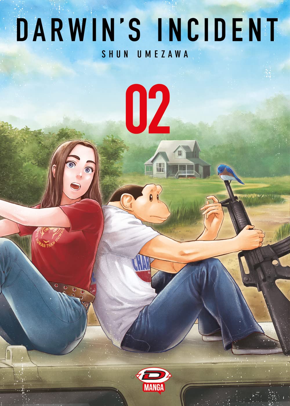Copertina del secondo volume del manga Darwin's Incident. In un tranquillo paesaggio di campagna con una casa sullo sfondo, la ragazza Lucy e l'humanzee Charlie sono seduti schiena contro schiena sul tetto di un veicolo. Charlie osserva con espressione placida un piccolo uccellino azzurro che si è posato sulla canna del fucile d'assalto che tiene tra le mani.