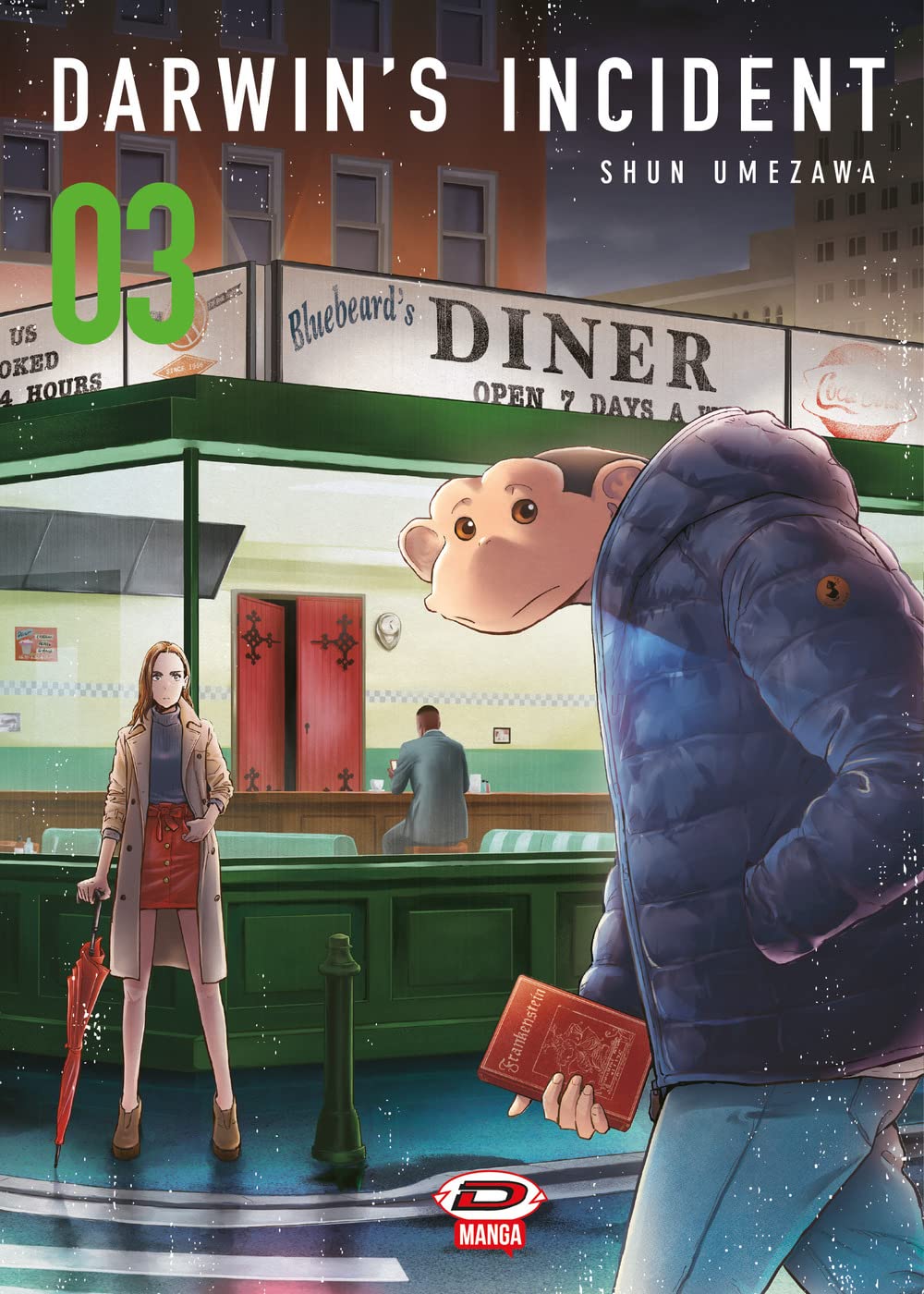 Copertina del terzo volume del manga Darwin's Incident. In primo piano, l'humanzee Charlie passeggia in una strada serale indossando un pesante piumino blu scuro e tenendo in mano una copia del libro "Frankenstein". Alle sue spalle, l'amica Lucy lo osserva davanti alla vetrina illuminata di un tipico diner americano, tenendo in mano un ombrello rosso chiuso.