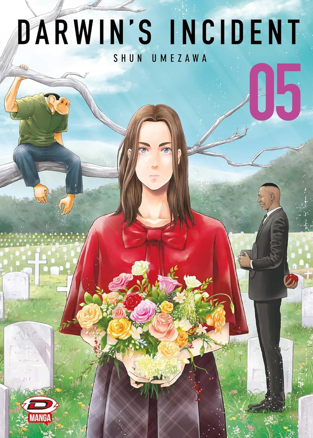 Copertina del quinto volume del manga Darwin's Incident. In primo piano, Lucy si trova in un prato verde all'interno di un cimitero punteggiato di lapidi bianche, tenendo tra le mani un grande e colorato bouquet di fiori freschi. Sulla sinistra, l'humanzee Charlie siede scalzo e pensieroso sul ramo spoglio di un albero. Sulla destra, un uomo in completo scuro osserva le tombe nascondendo una mela rossa dietro la schiena.