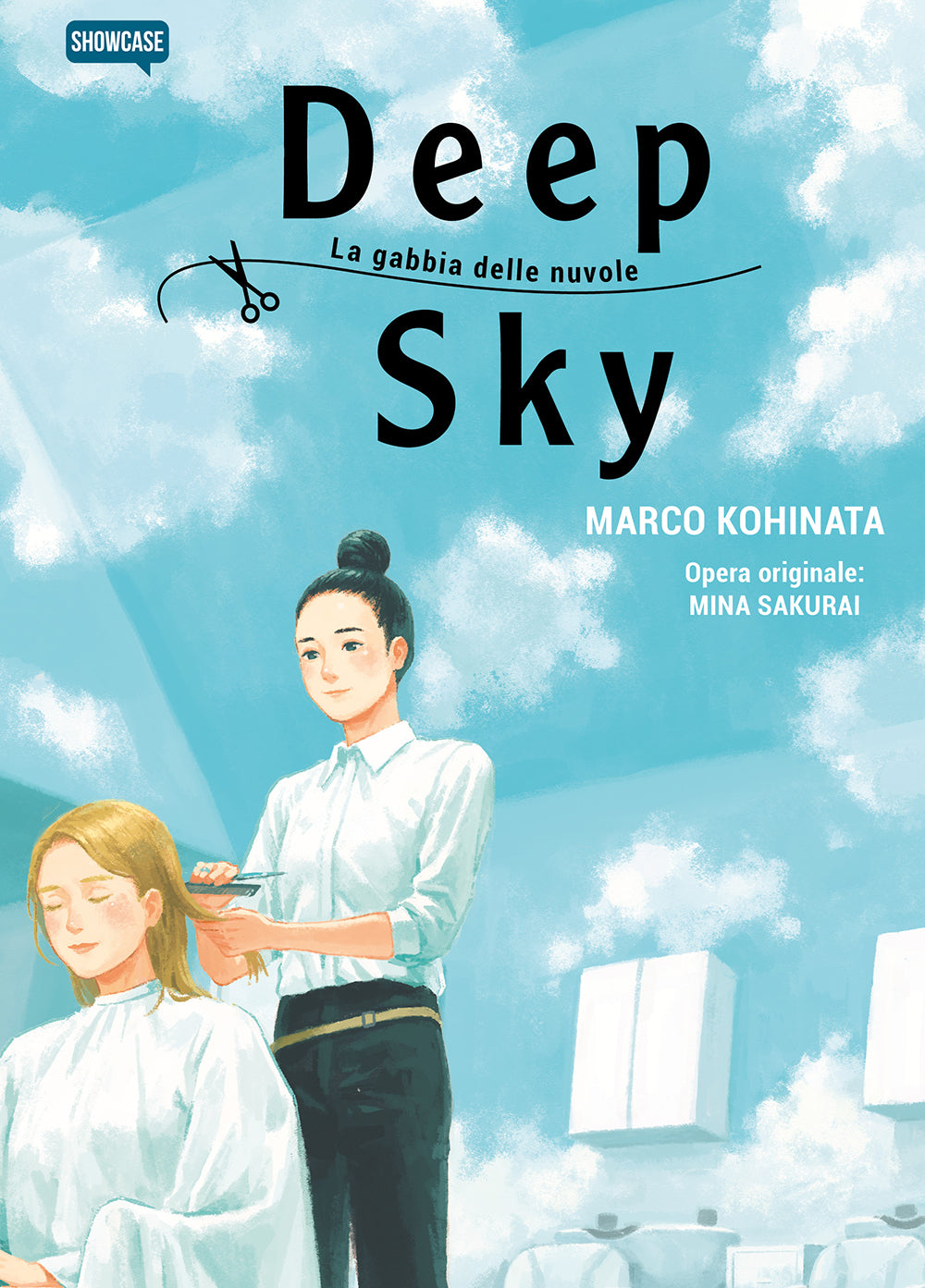 Copertina del volume unico in italiano del manga 'Deep Sky - La gabbia delle nuvole' di Marco Kohinata e Mina Sakurai, edito da Dynit Manga. L'illustrazione dai toni luminosi ritrae la protagonista Haru con capelli scuri raccolti in un alto chignon mentre spunta con cura i capelli di una cliente bionda seduta nel salone del carcere, immerse in un ambiente con pareti e soffitto dipinti come un cielo azzurro pieno di nuvole bianche, sormontate dal titolo DEEP SKY con il disegno di un paio di forbici e il logo