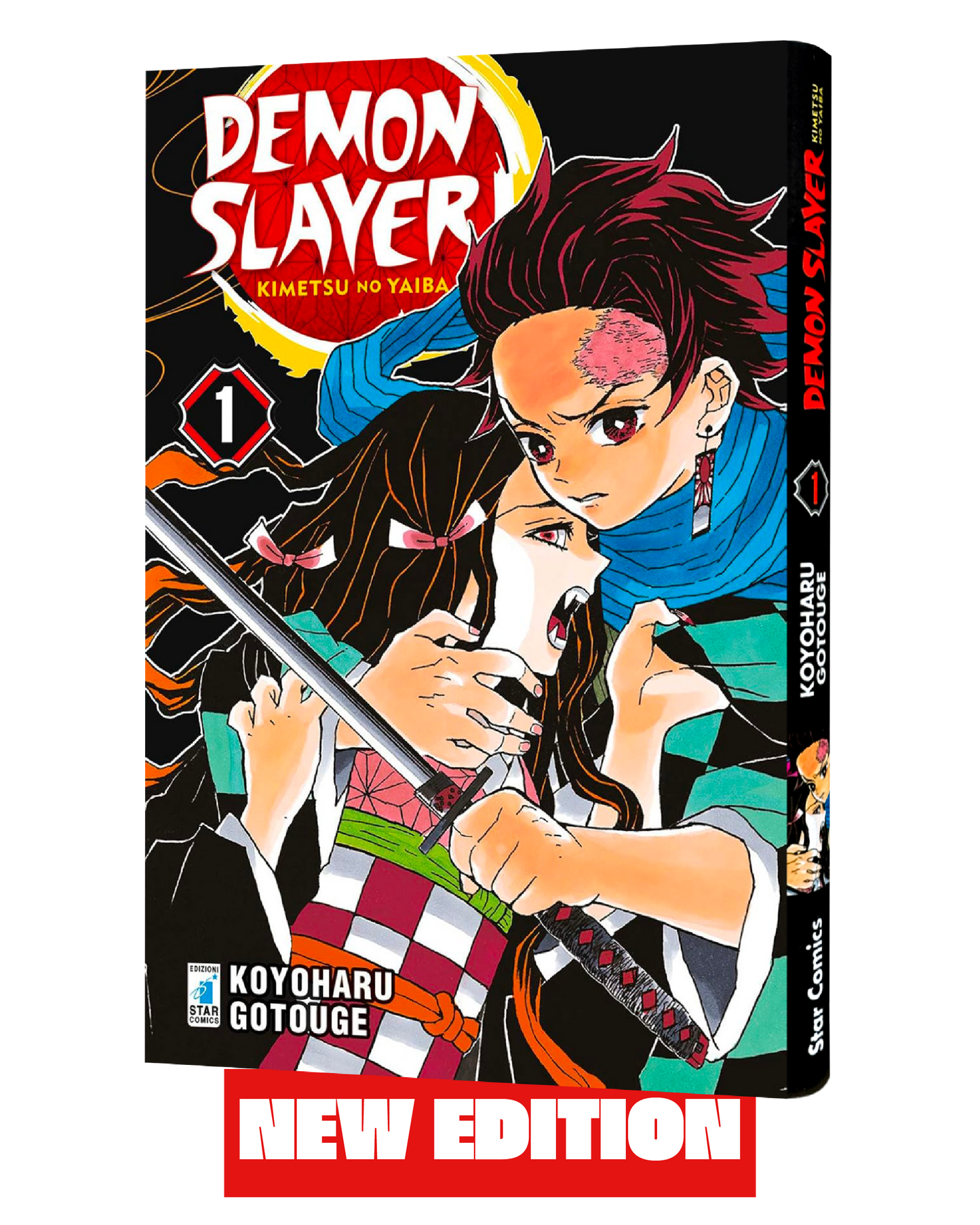 Vista tridimensionale del volume 1 di Demon Slayer New Edition, posizionato di tre quarti per mostrare sia la copertina che la costa del libro su sfondo nero. In copertina, il protagonista con una vistosa cicatrice sulla fronte e una sciarpa azzurra stringe una spada e protegge la sorella dai lunghi capelli scuri con fiocchi rosa. Nella parte inferiore è presente una vistosa banda rossa con la scritta bianca "NEW EDITION".