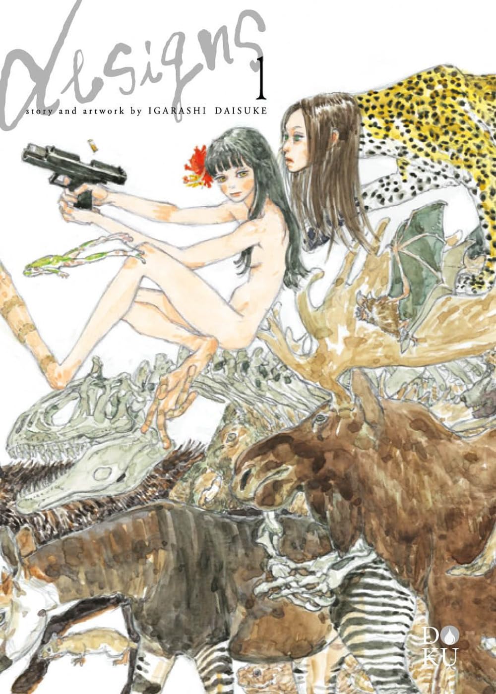 Copertina del manga Designs Vol. 1, con storia e disegni di Daisuke Igarashi, edito da Coconino Press. L'illustrazione, realizzata con un meraviglioso e delicato stile ad acquerello su sfondo bianco, mostra un caotico e affascinante groviglio di animali e creature ibride. Al centro spicca una figura umanoide femminile dalla pelle chiara e i lunghi capelli neri, con un fiore rosso tra i capelli e lunghe zampe posteriori simili a quelle di una rana, intenta a puntare una pistola nera.