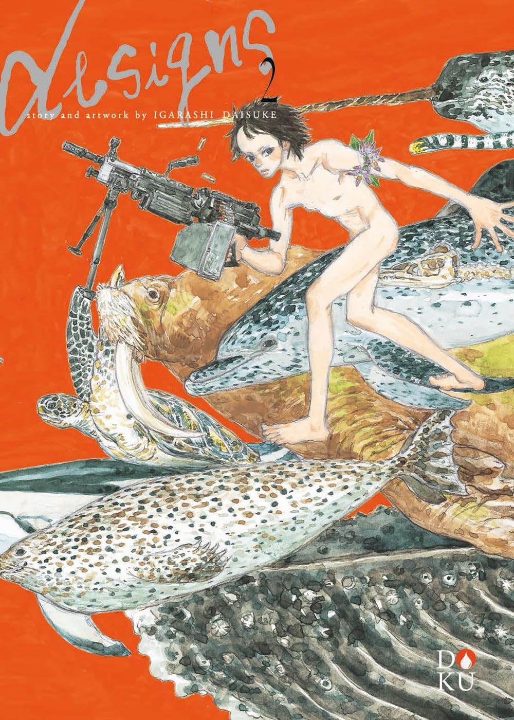 Copertina di Designs Vol. 2 (Coconino Press). Su un acceso sfondo arancione, una figura umanoide seminuda impugna una mitragliatrice, circondata da animali marini tra cui un delfino, un tricheco e una tartaruga marina.