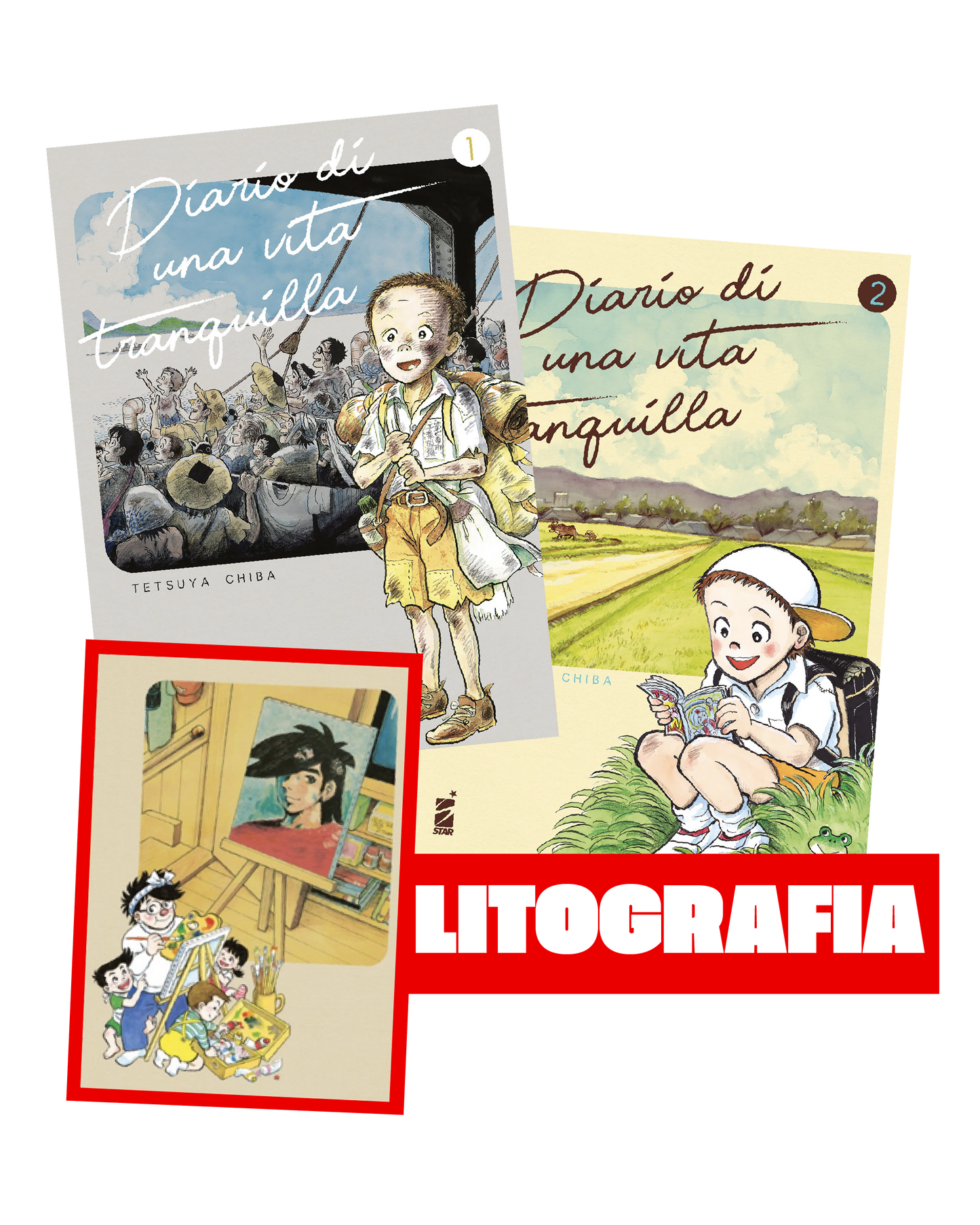 Grafica promozionale del bundle Diario di una vita tranquilla Vol. 1-2 su sfondo nero. Mostra le copertine dei primi due volumi dell'opera, con le illustrazioni di un bambino con uno zaino in spalla e di un bambino seduto nell'erba intento a leggere, affiancate in basso a sinistra da un'esclusiva litografia da collezione e dalla scritta "LITOGRAFIA" in bianco su un riquadro rosso.