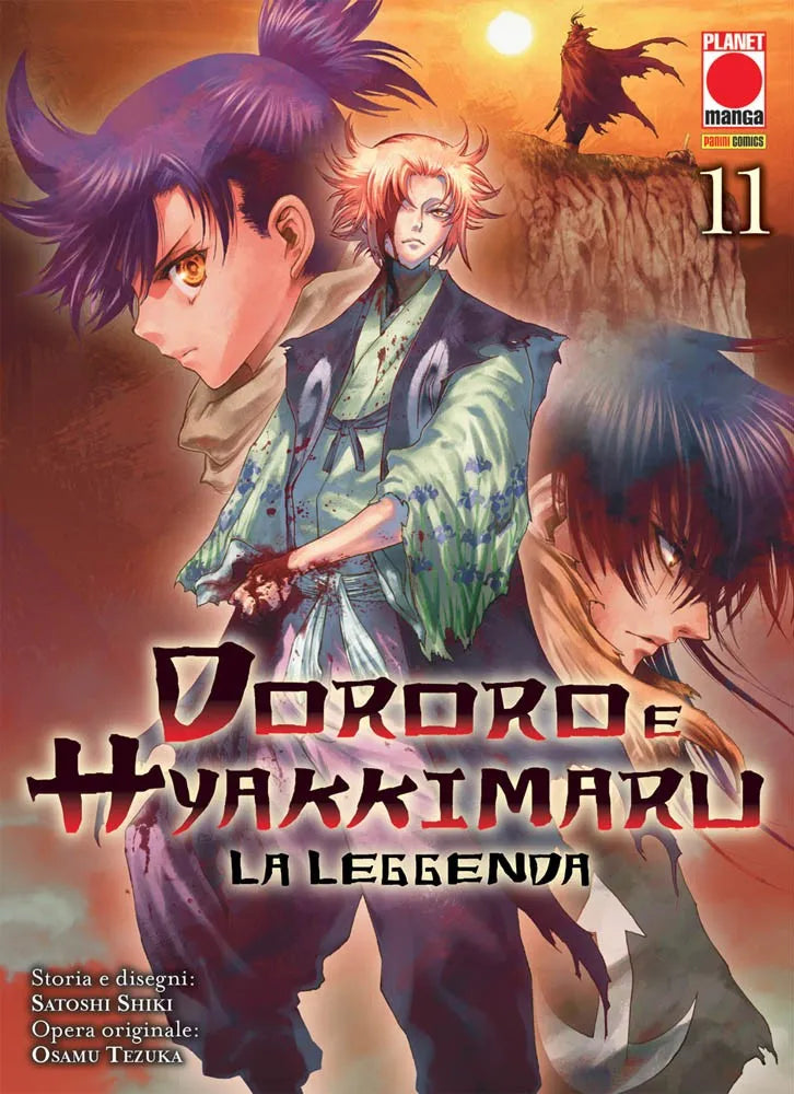 Copertina del manga Dororo e Hyakkimaru - La Leggenda volume 11. L'illustrazione mostra diverse inquadrature dei personaggi: in primo piano il profilo assorto di un giovane dai capelli violacei; al centro una figura dai capelli chiari arruffati con indosso un kimono azzurro e sporco di sangue; in basso a destra un primo piano intenso e sfumato di Hyakkimaru. Sullo sfondo in alto, contro un cielo infuocato al tramonto, si staglia su un promontorio la scura silhouette di un guerriero dal mantello lacerato. In