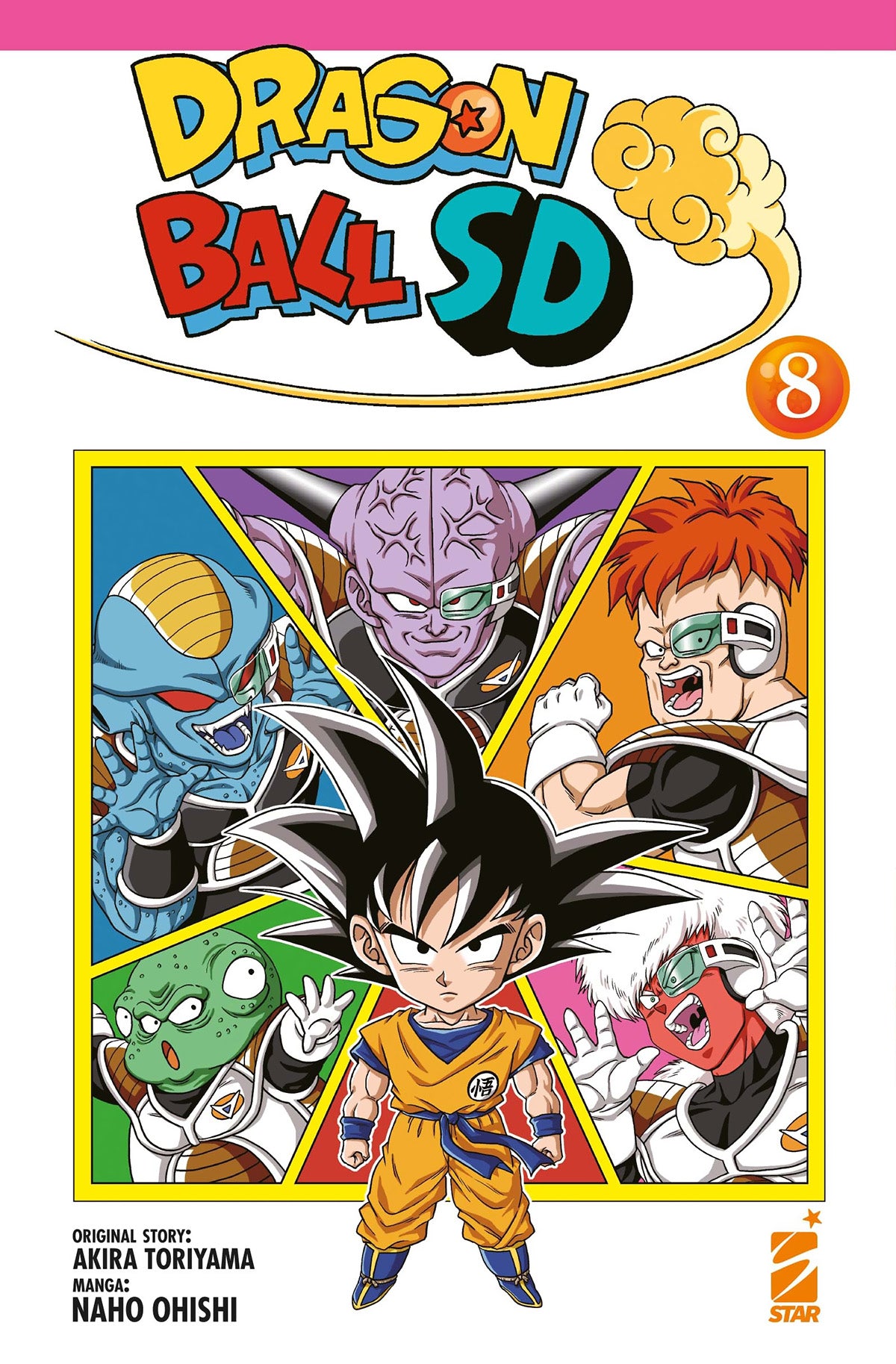 Goku in versione "chibi" (SD) che vola o si prepara al combattimento, con lo sfondo del pianeta Namecc e probabilmente i membri della Squadra Ginew in posa comica, sulla copertina di Dragon Ball SD Vol. 8.