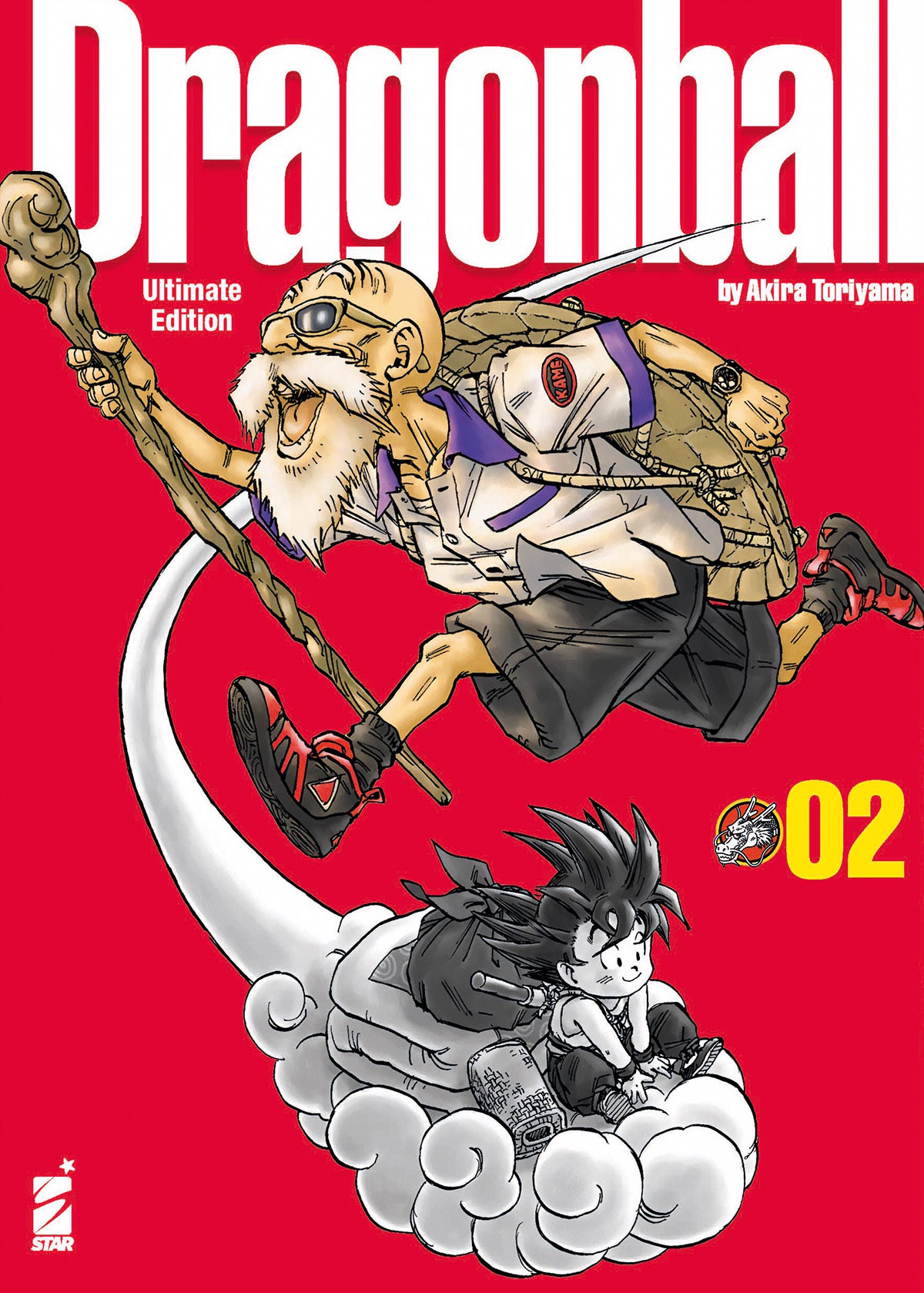 Copertina del manga Dragon Ball Ultimate Edition Vol. 2. Su uno sfondo rosso acceso, domina la parte superiore il Maestro Muten (Genio delle Tartarughe) colto in un balzo dinamico, vestito con camicia, pantaloncini, occhiali da sole e il classico guscio di tartaruga legato sulla schiena, mentre stringe il suo bastone. Nella parte inferiore c'è il piccolo Goku sorridente che vola rilassato a cavallo della morbida Nuvola d'Oro (Kinton), portando con sé un grosso fagotto.