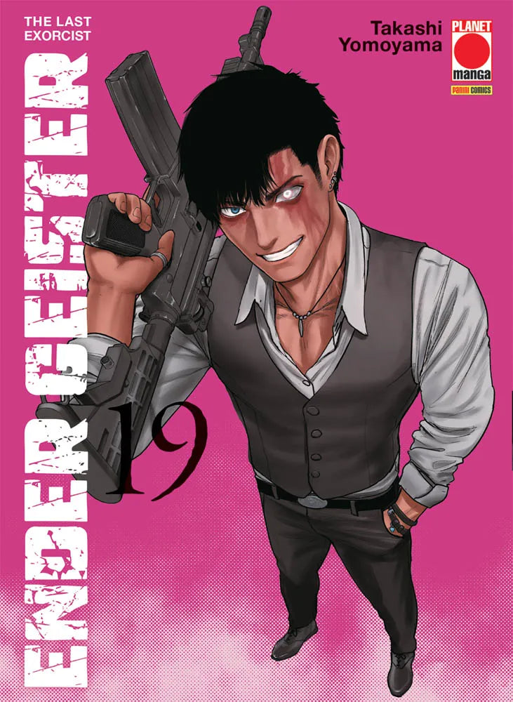 Copertina del manga Ender Geister Vol. 19 (Planet Manga). Un uomo con capelli neri e un occhio bianco luminoso sorride tenendo un fucile d'assalto su uno sfondo rosa acceso.