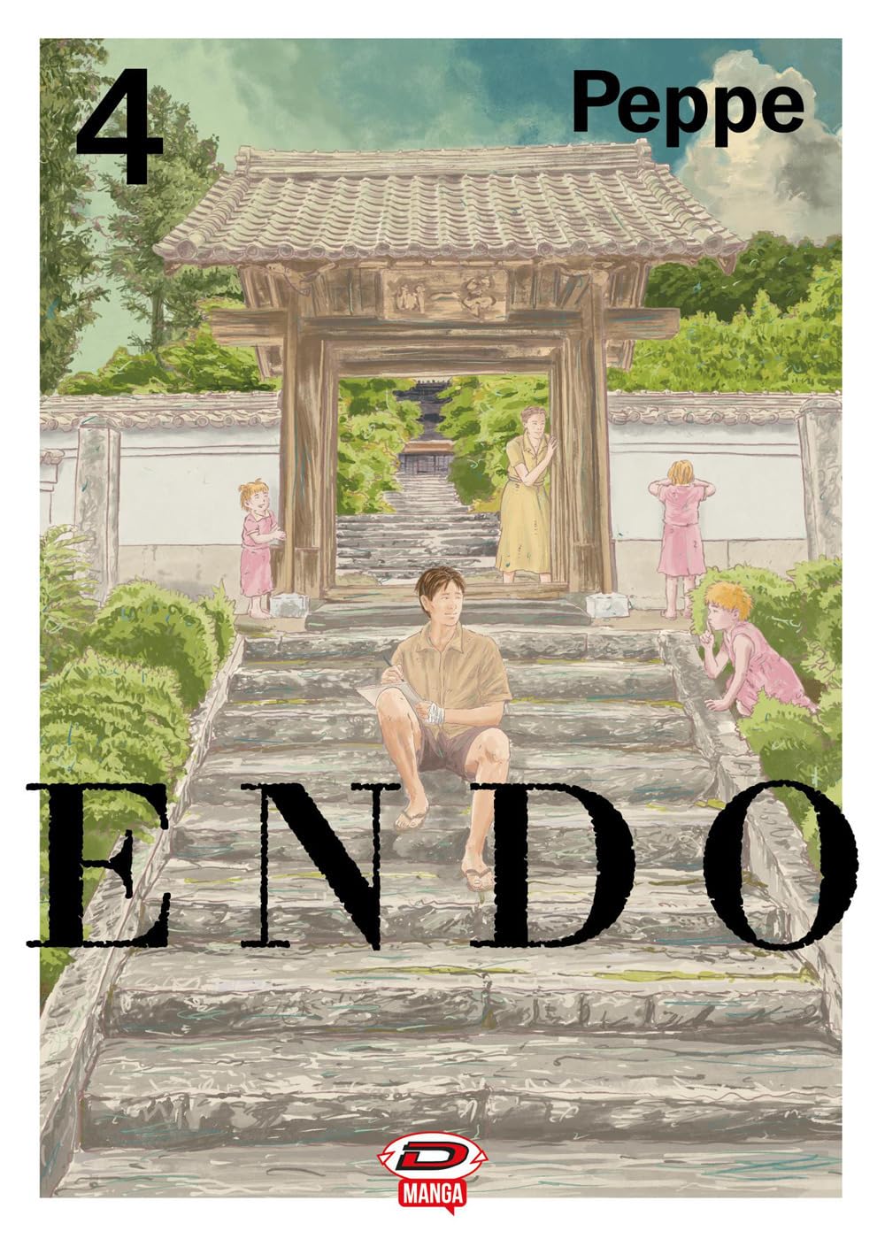 Copertina del quarto volume del manga Endo di Peppe. L'illustrazione mostra un uomo seduto sui gradini di una scalinata di pietra che conduce a un tradizionale portale in legno giapponese, circondato da altre figure umane che si muovono nei dintorni.