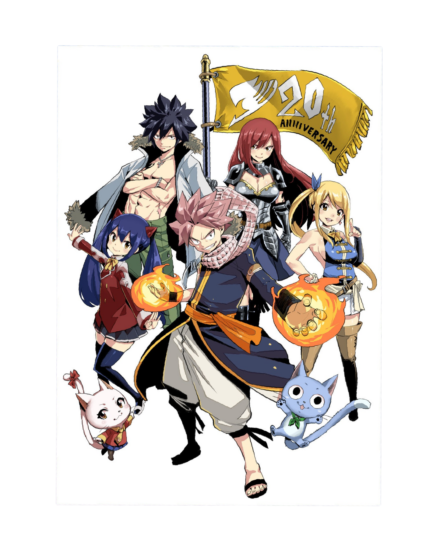 Illustrazione celebrativa per il ventesimo anniversario di Fairy Tail su sfondo bianco. Al centro spicca Natsu con il fuoco tra le mani, circondato da Gray, Wendy, Lucy ed Erza, la quale stringe un'asta con una bandiera dorata che riporta la scritta 20th Anniversary. In basso sono presenti anche i gatti Happy e Carla.