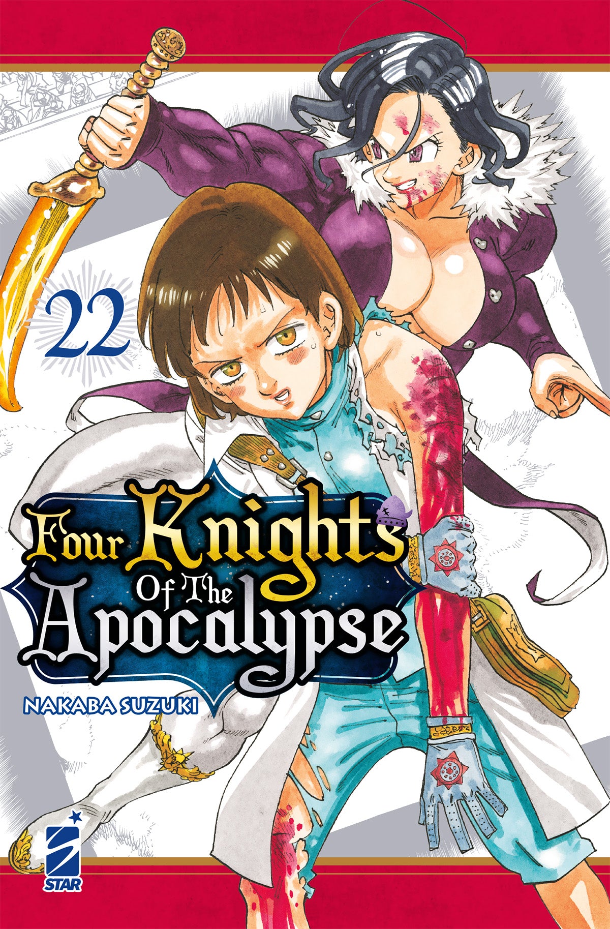 Copertina del manga Four Knights of the Apocalypse volume 22. Illustrazione con due giovani guerrieri feriti in battaglia, uno dei quali impugna una spada dorata.